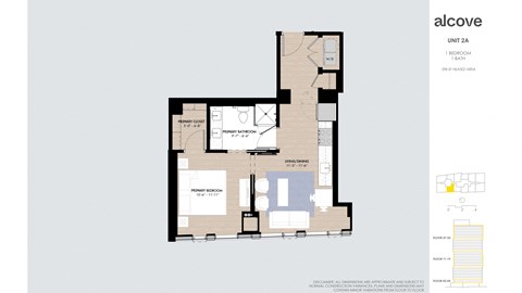 Floor plan for 1 bed, 1 bath, 598 sqft